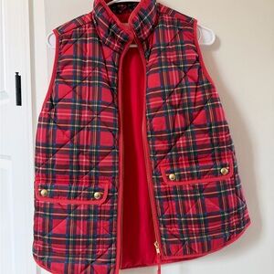 J. Crew Red Tartan Quilted Puffer Vest with Gold-Tone Snaps